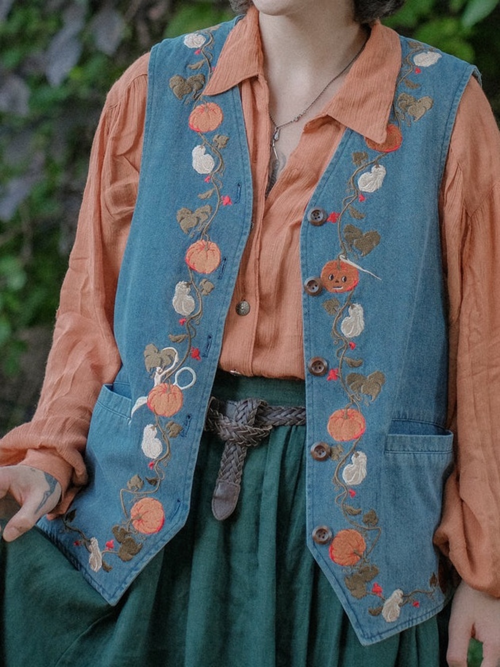 Knock Thrice September Days Embroidered Denim Vest 3XL Blue Halloween